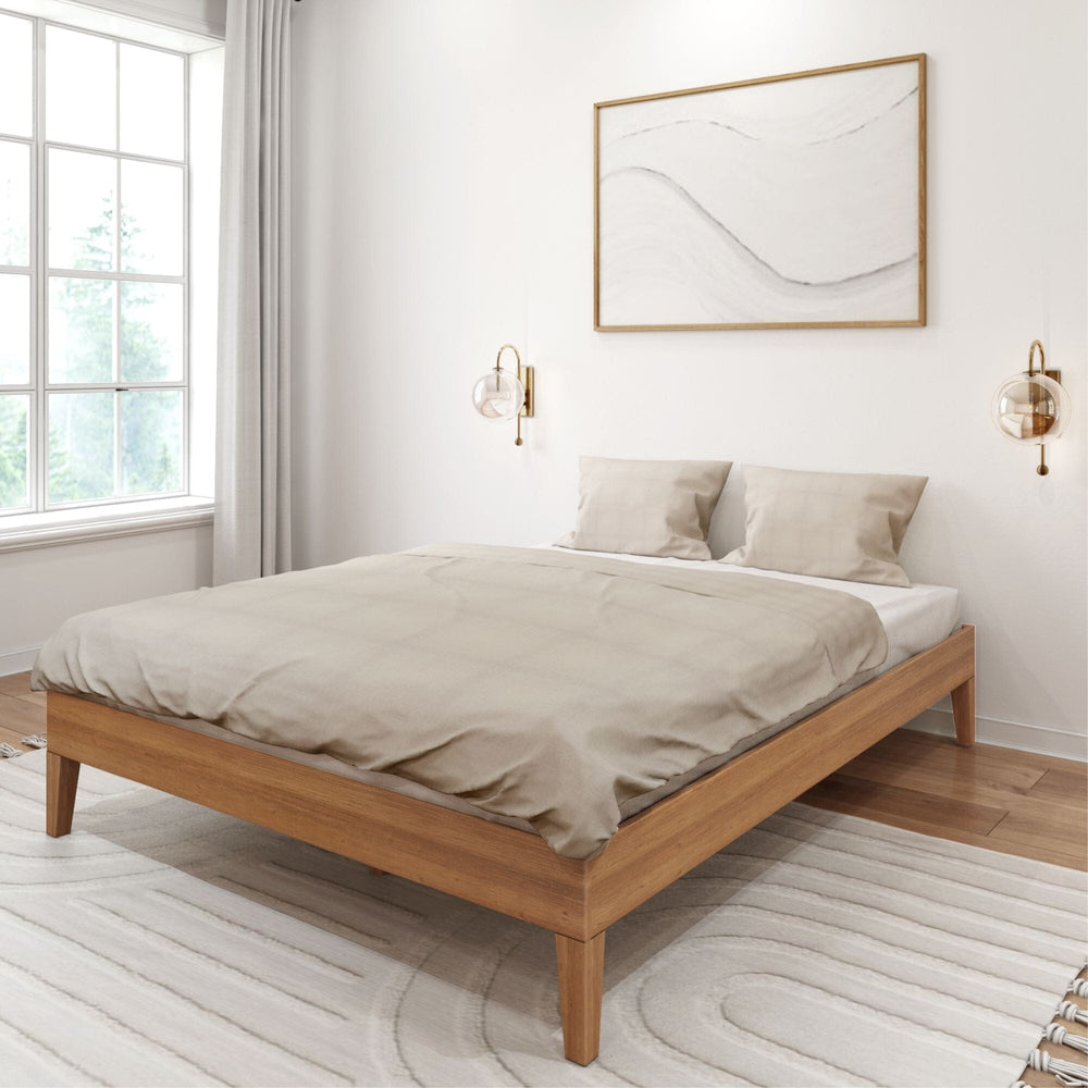 Queen Size Platform Bed Pecan Frame Front View Queen Size Platform Bed in Pecan - bare frame shown straight on revealing the wooden slats and center support leg