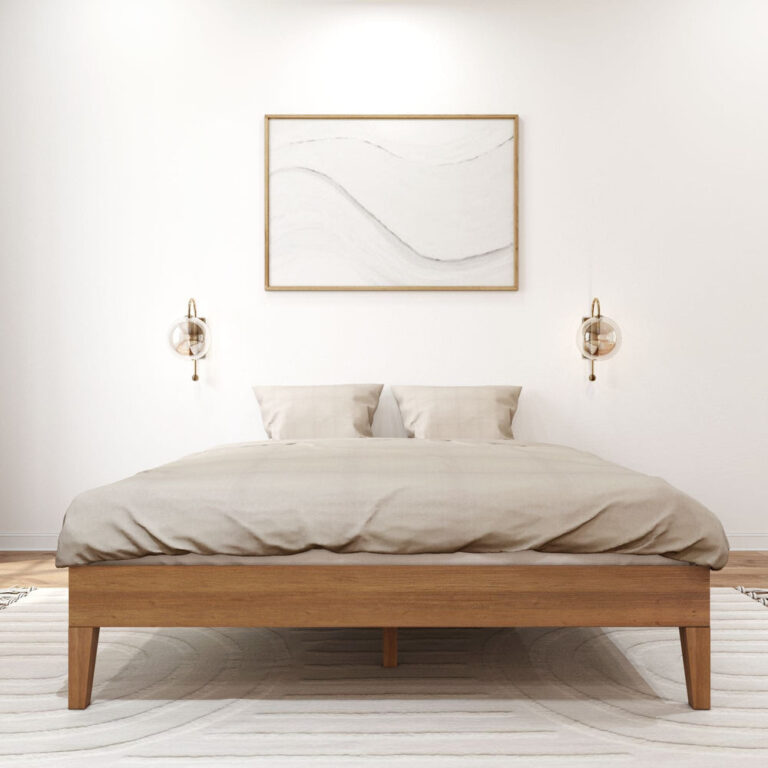 Queen Size Platform Bed Pecan Front View Queen Size Platform Bed in Pecan - front view styled with a duvet and pillows between two wall sconces below framed wall art