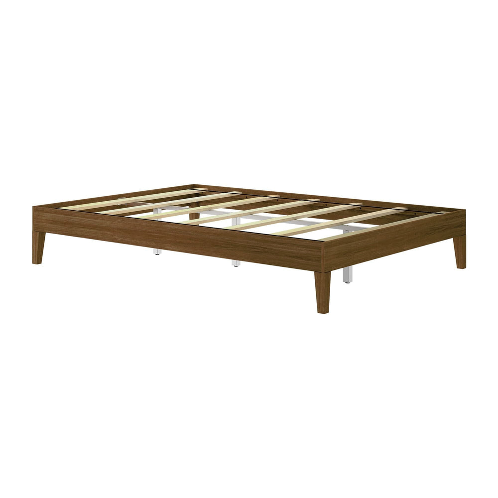 Queen Size Platform Bed Walnut Angle View 3 Queen Size Platform Bed in Walnut - angled view of the bare frame showing the wood slat support system and tapered legs