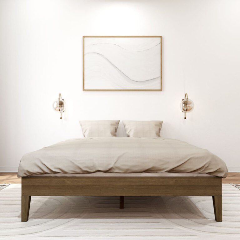 Queen Size Platform Bed Walnut Front View 2 Queen Size Platform Bed in Walnut - front view with beige duvet and pillows flanked by two glass wall sconces