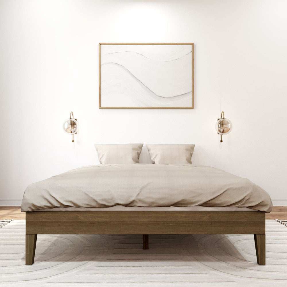 Queen Size Platform Bed Walnut Front View 2 Queen Size Platform Bed in Walnut - front view with beige duvet and pillows flanked by two glass wall sconces