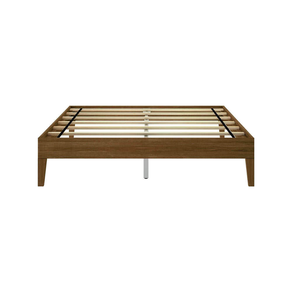 Queen Size Platform Bed Walnut Front View 6 Queen Size Platform Bed in Walnut - front view of the bare frame showing the wood slats and tapered legs