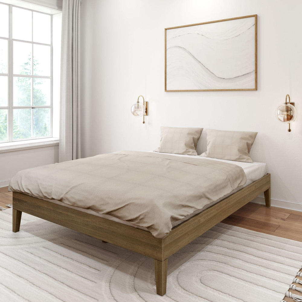 Queen Size Platform Bed Walnut Room Scene Queen Size Platform Bed in Walnut - styled bedroom room scene with beige bedding, a window, and framed art above the bed