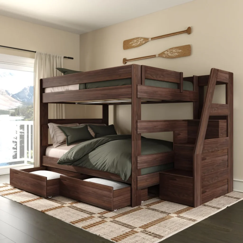 Tahoe Queen over Queen Bunk Bed with Stairs & Storage in Barnwood Brown with two rollout storage drawers and built-in staircase