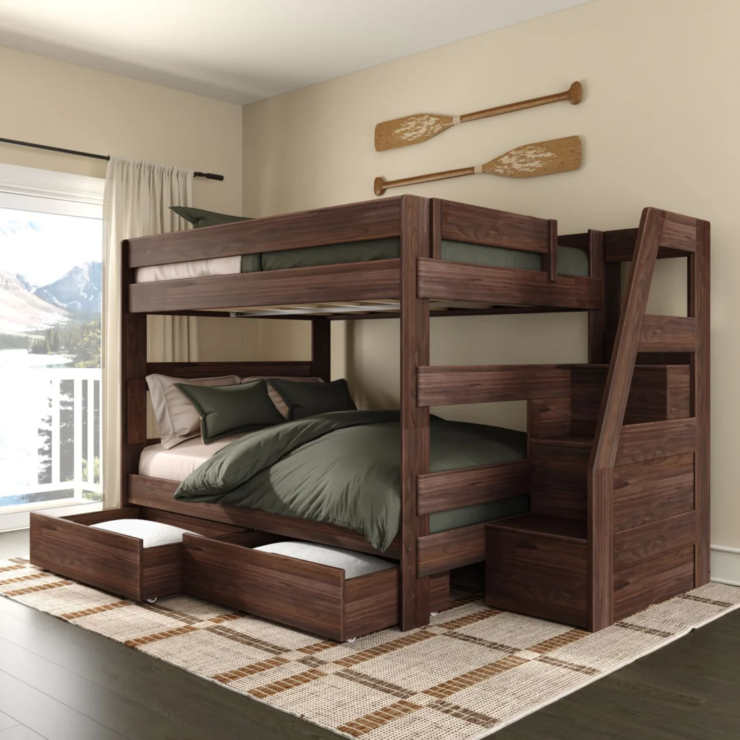 Tahoe Queen over Queen Bunk Bed with Stairs & Storage - Barnwood Brown Tahoe Queen over Queen Bunk Bed with Stairs & Storage in Barnwood Brown with two rollout storage drawers and built-in staircase