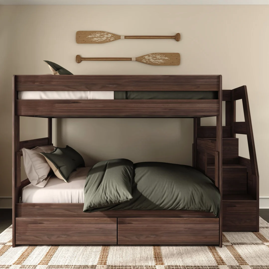 Tahoe Queen over Queen Bunk Bed with Stairs & Storage - Barnwood Brown (2) Tahoe Queen over Queen Bunk Bed with Stairs & Storage in Barnwood Brown - detail view 2