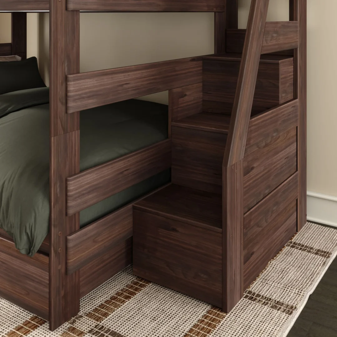 Tahoe Queen over Queen Bunk Bed with Stairs & Storage - Barnwood Brown (5) Tahoe Queen over Queen Bunk Bed with Stairs & Storage in Barnwood Brown - detail view 5