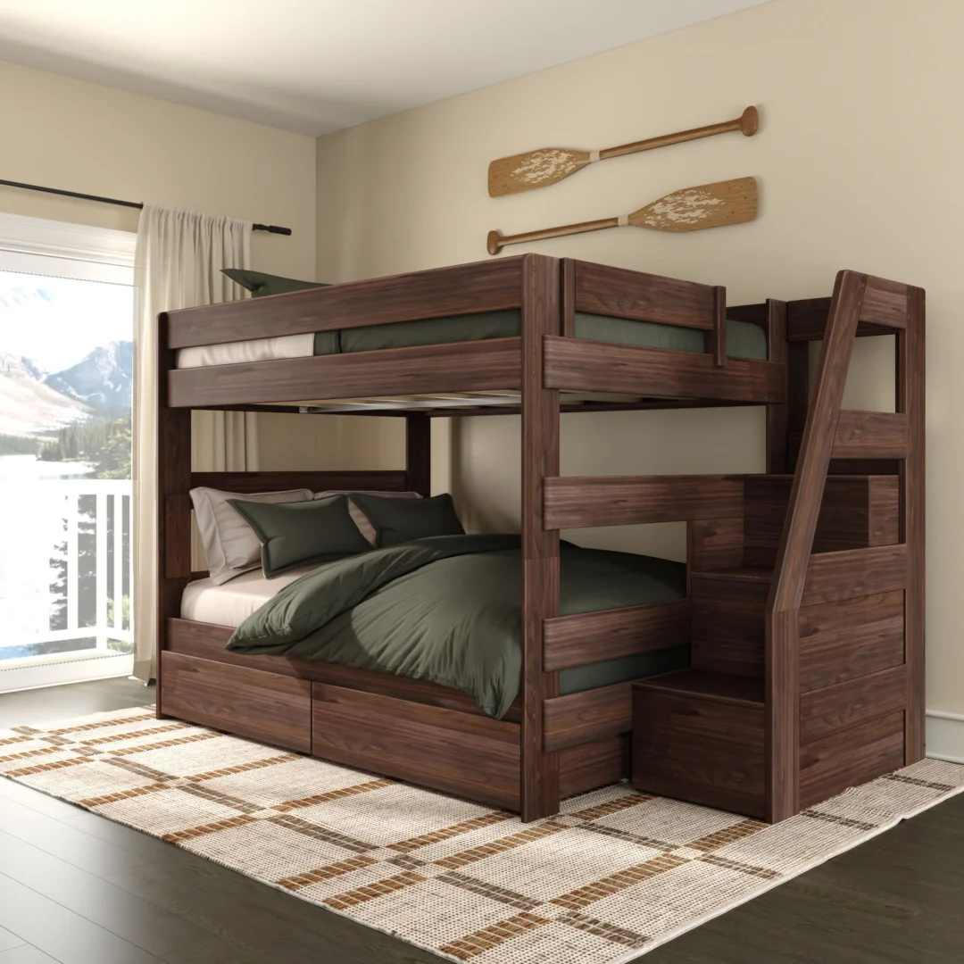 Tahoe Queen over Queen Bunk Bed with Stairs & Storage - Barnwood Brown (7) Tahoe Queen over Queen Bunk Bed with Stairs & Storage in Barnwood Brown - detail view 7