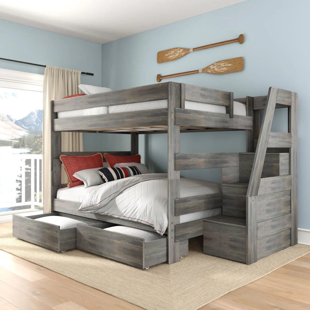Tahoe Queen over Queen Bunk Bed with Stairs & Storage - Driftwood Tahoe Queen over Queen Bunk Bed with Stairs & Storage in Driftwood with two rollout storage drawers and built-in staircase