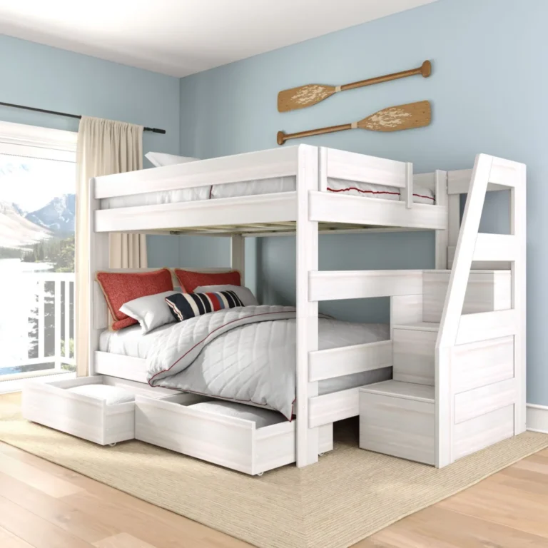Tahoe Queen over Queen Bunk Bed with Stairs & Storage - White Wash Tahoe Queen over Queen Bunk Bed with Stairs & Storage in White Wash with two rollout storage drawers and built-in staircase