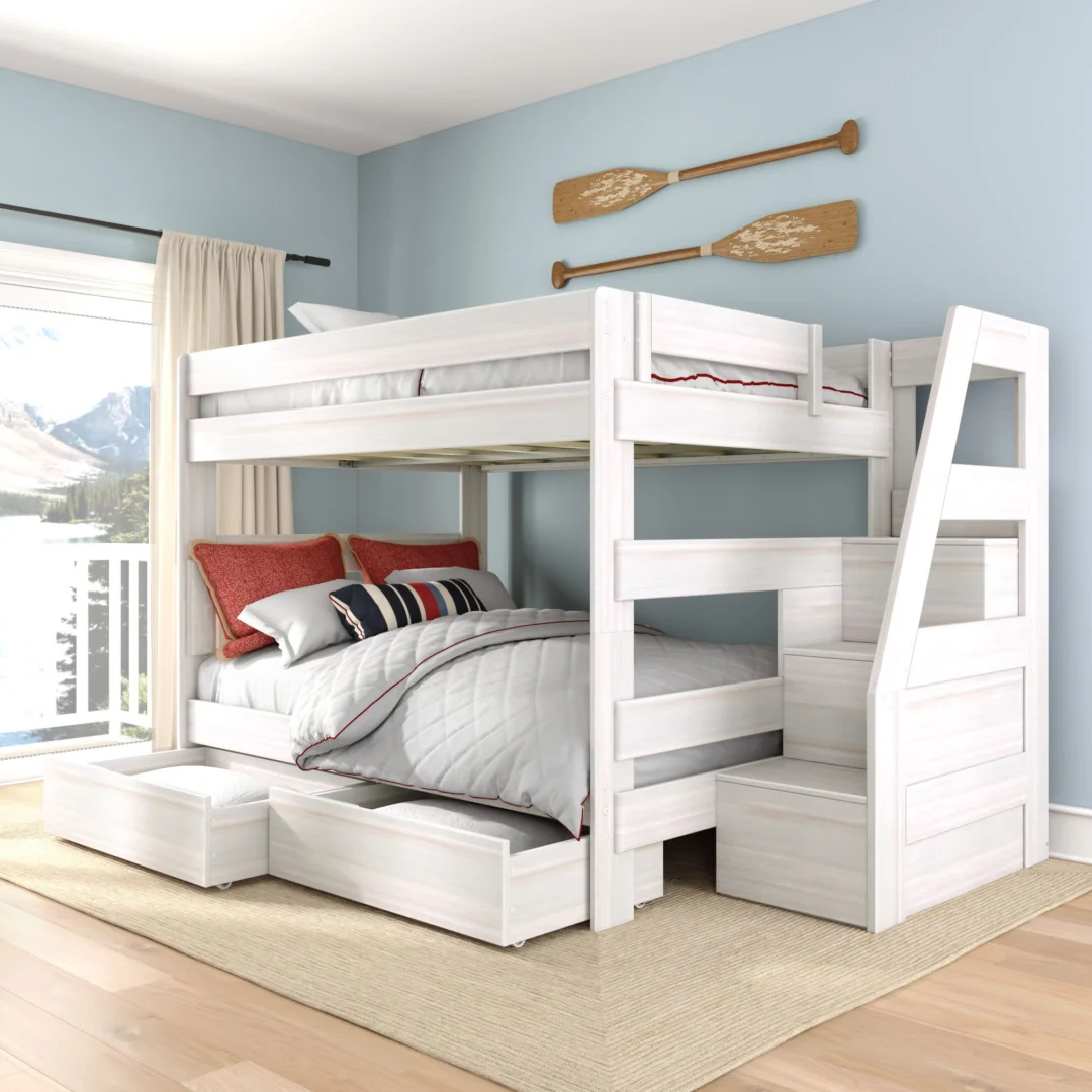 Tahoe Queen over Queen Bunk Bed with Stairs & Storage - White Wash Tahoe Queen over Queen Bunk Bed with Stairs & Storage in White Wash with two rollout storage drawers and built-in staircase