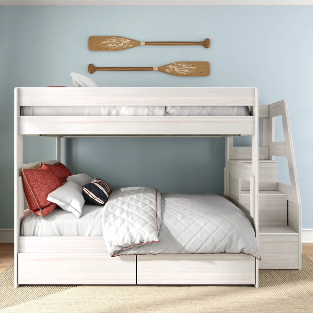 Tahoe Queen over Queen Bunk Bed with Stairs & Storage - White Wash (2) Tahoe Queen over Queen Bunk Bed with Stairs & Storage in White Wash - detail view 2