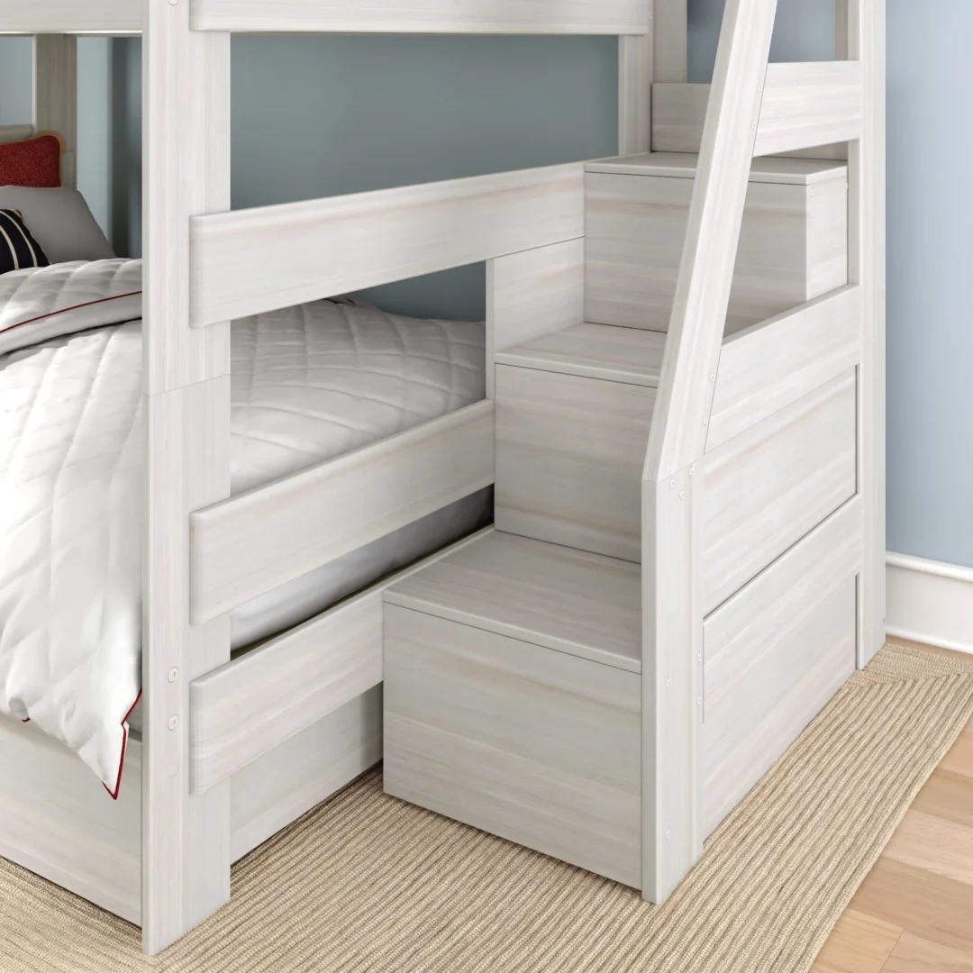 Tahoe Queen over Queen Bunk Bed with Stairs & Storage - White Wash (5) Tahoe Queen over Queen Bunk Bed with Stairs & Storage in White Wash - detail view 5