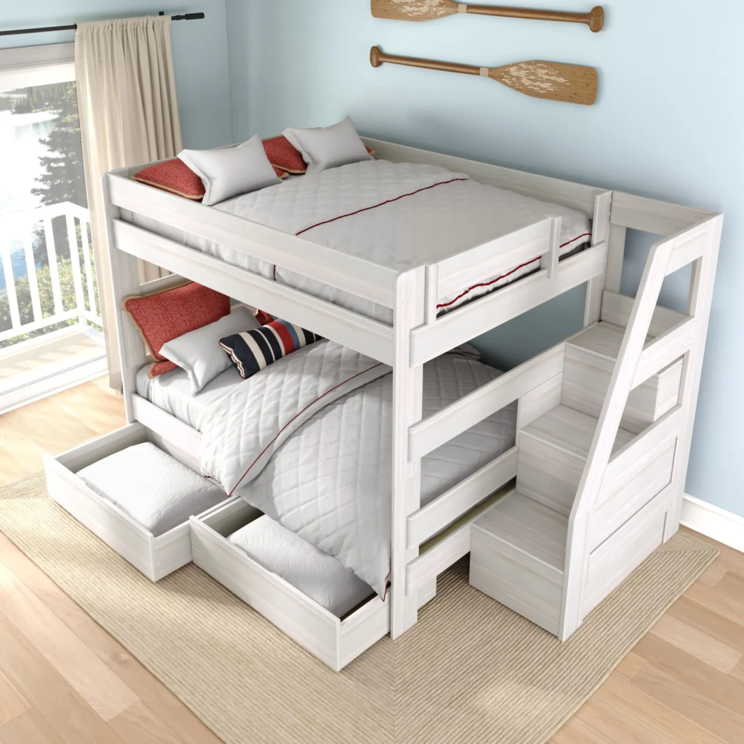 Tahoe Queen over Queen Bunk Bed with Stairs & Storage - White Wash (8) Tahoe Queen over Queen Bunk Bed with Stairs & Storage in White Wash - detail view 8