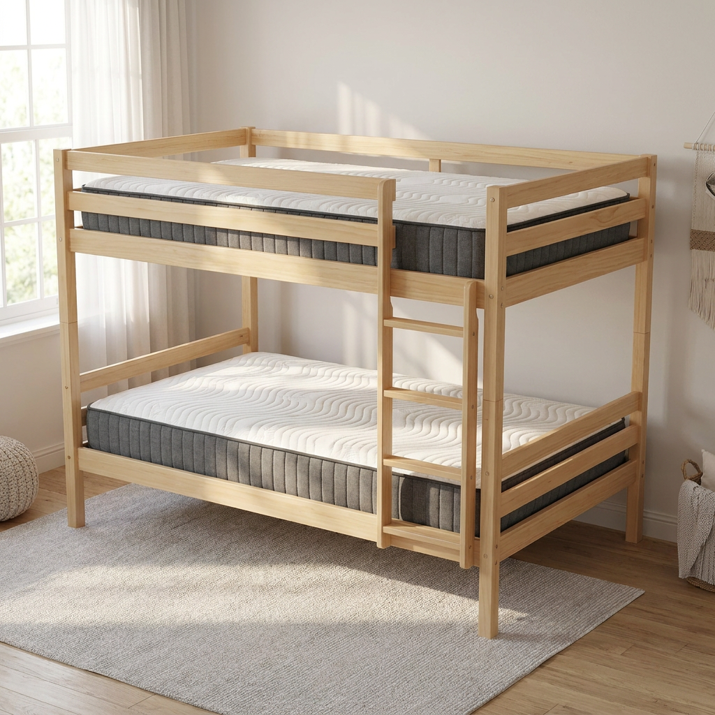Two Bedsmart Allure Cooling Gel 8.5″ mattresses on a natural wood bunk bed - mattress 2-pack