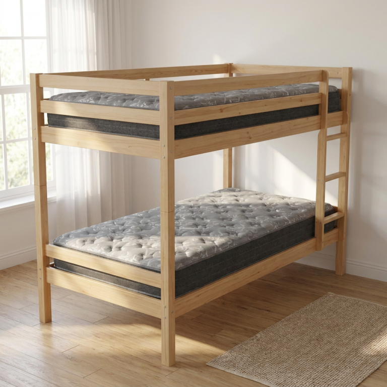 Two Bedsmart Aurora Breeze 7.5″ mattresses on a natural wood bunk bed - mattress 2-pack