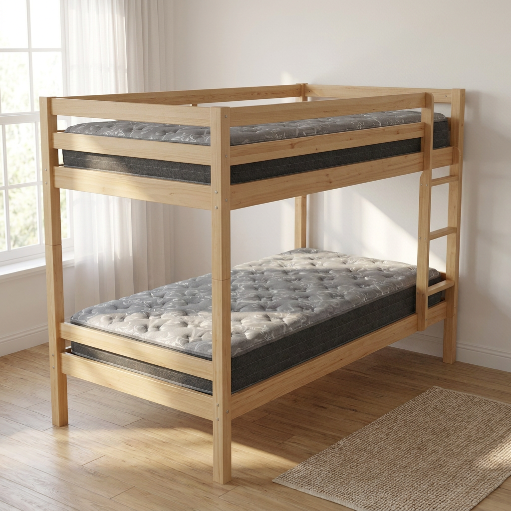 Two Bedsmart Aurora Breeze 7.5″ mattresses on a natural wood bunk bed - mattress 2-pack