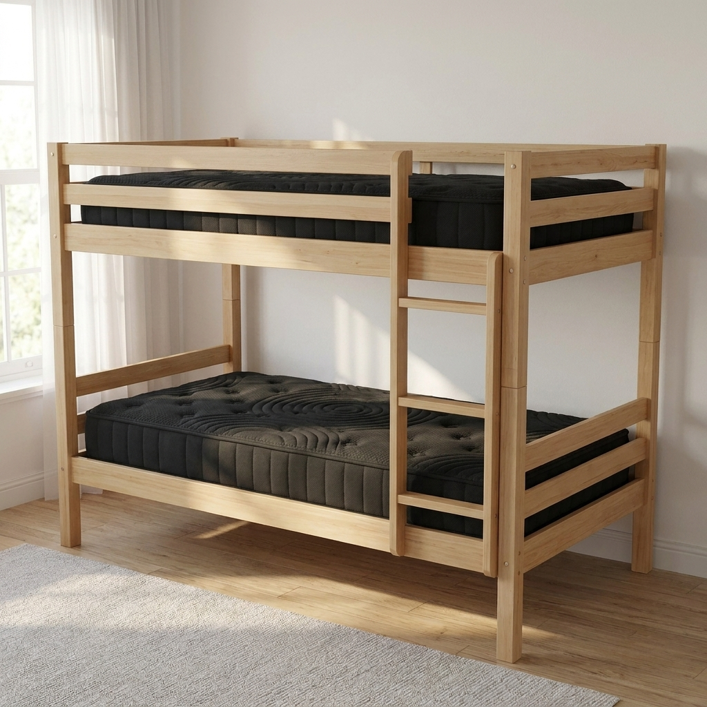 Two Bedsmart Genesis Noir 8.5″ mattresses on a natural wood bunk bed - mattress 2-pack