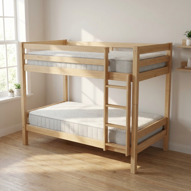 Two Bedsmart SlimComfort 6.5″ mattresses on a natural wood bunk bed - mattress 2-pack