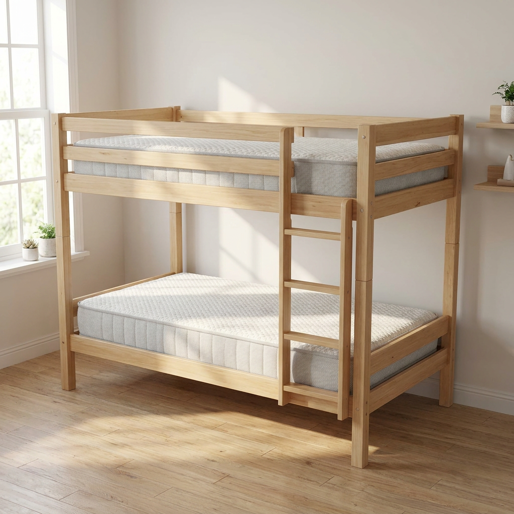 Two Bedsmart SlimComfort 6.5″ mattresses on a natural wood bunk bed - mattress 2-pack