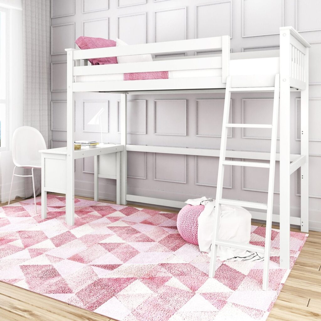 Max And Lily Twin High Loft Bed in White, desk configuration - room scene.