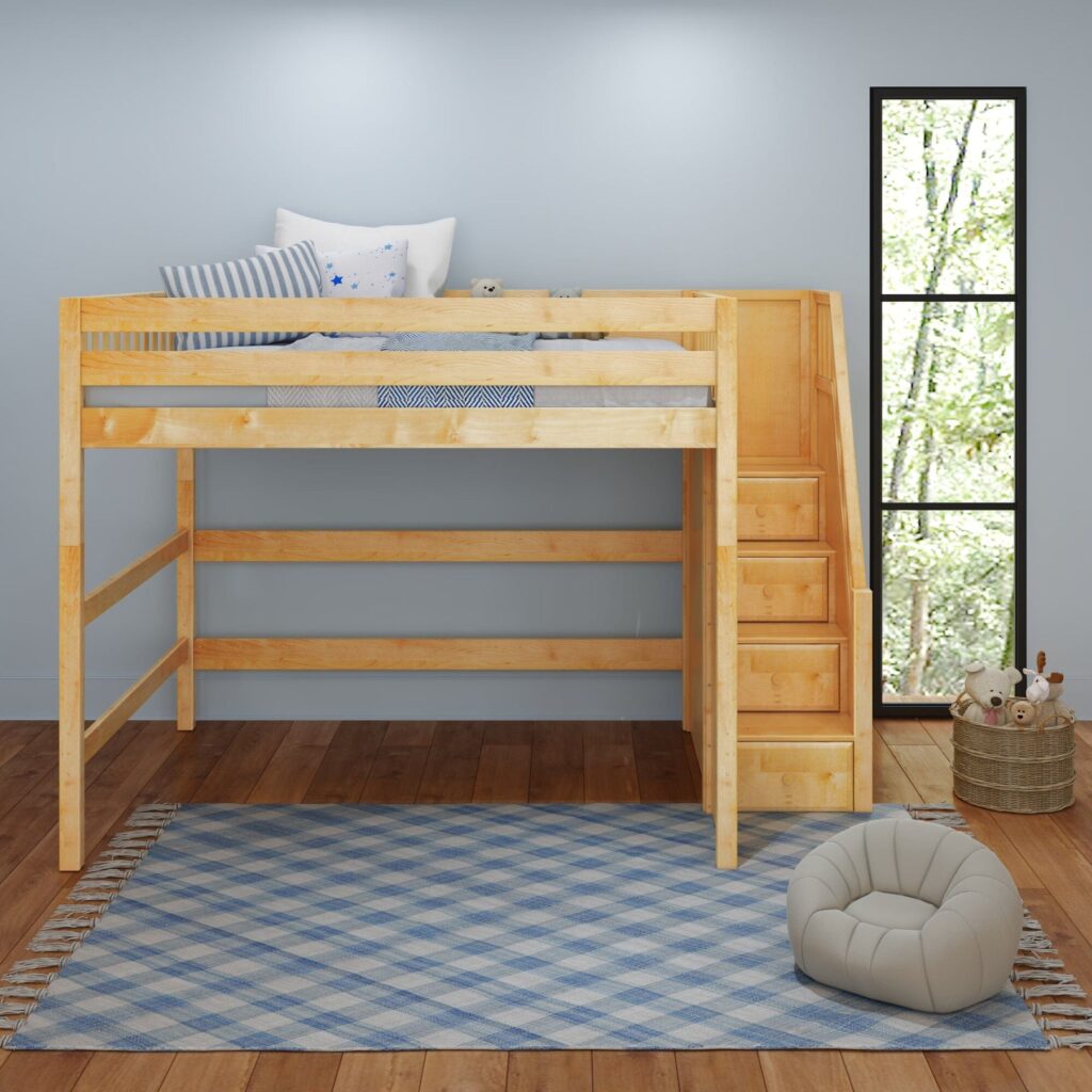 Maxtrix Queen High Loft Bed with Stairs – Natural