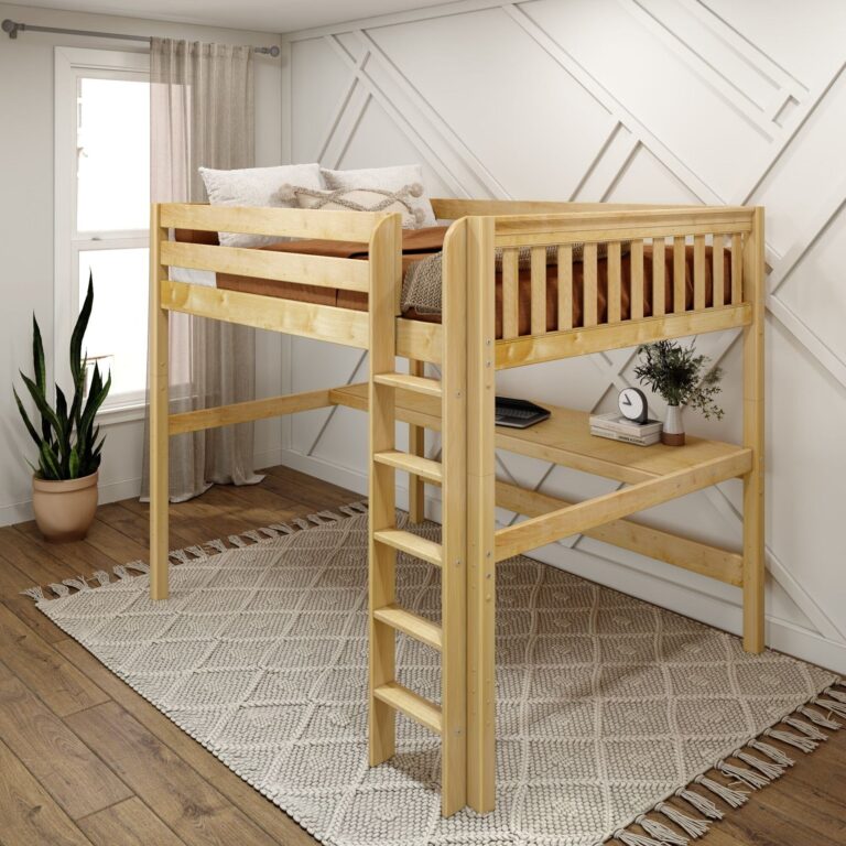 Maxtrix Queen High Study Loft Bed with Long Desk – Natural