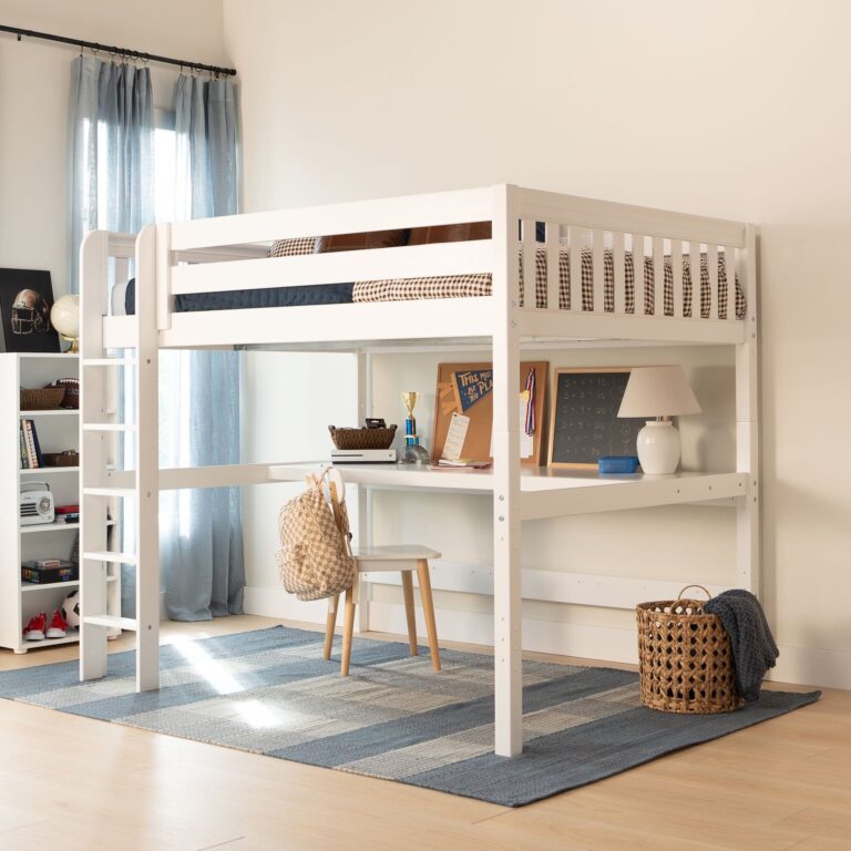 Maxtrix Queen High Study Loft Bed with Long Desk – White