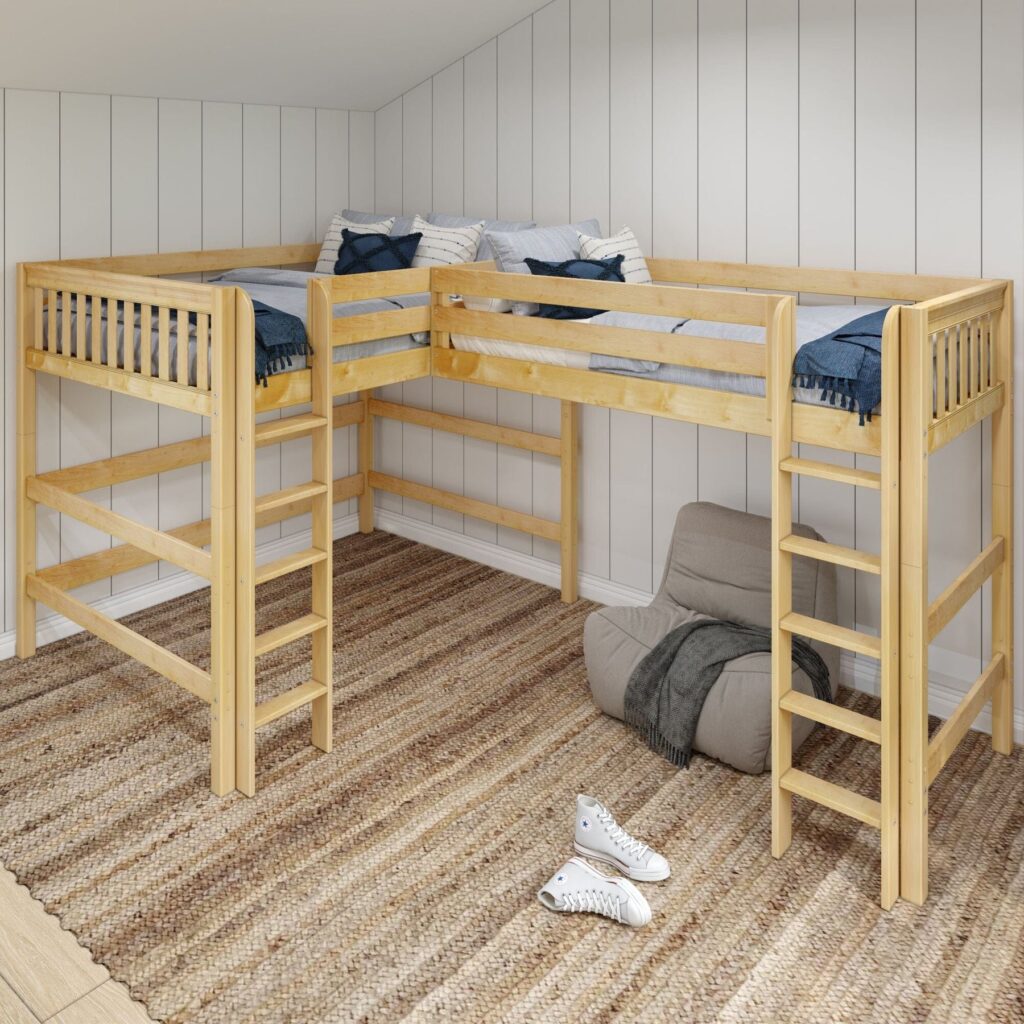 Maxtrix Queen + Twin XL High Corner Loft Bed – Natural Two Straight Ladders on Front