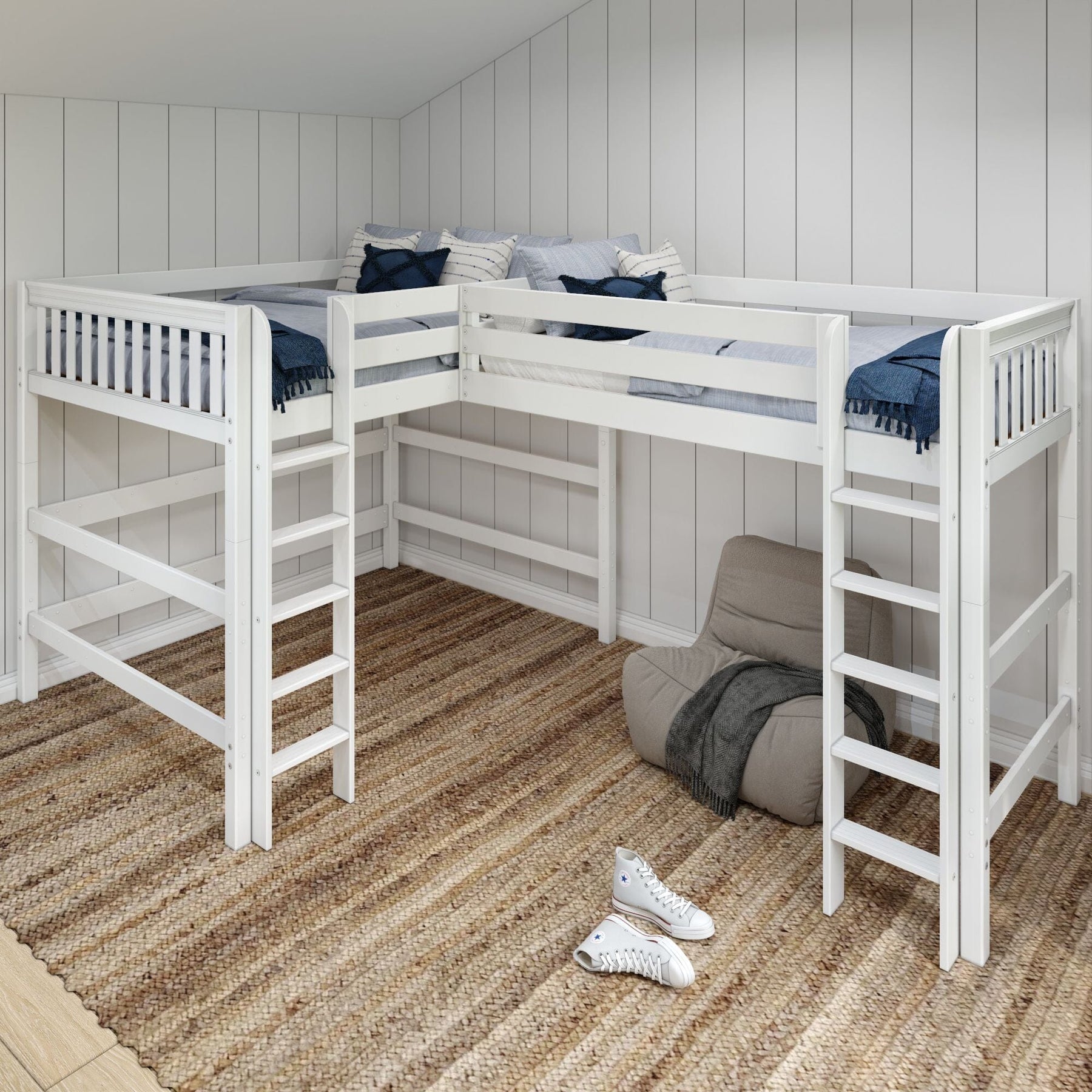 Maxtrix Queen + Twin XL High Corner Loft Bed – White Two Straight Ladders on Front Maxtrix Queen + Twin XL High Corner Loft Bed – White Two Straight Ladders on Front