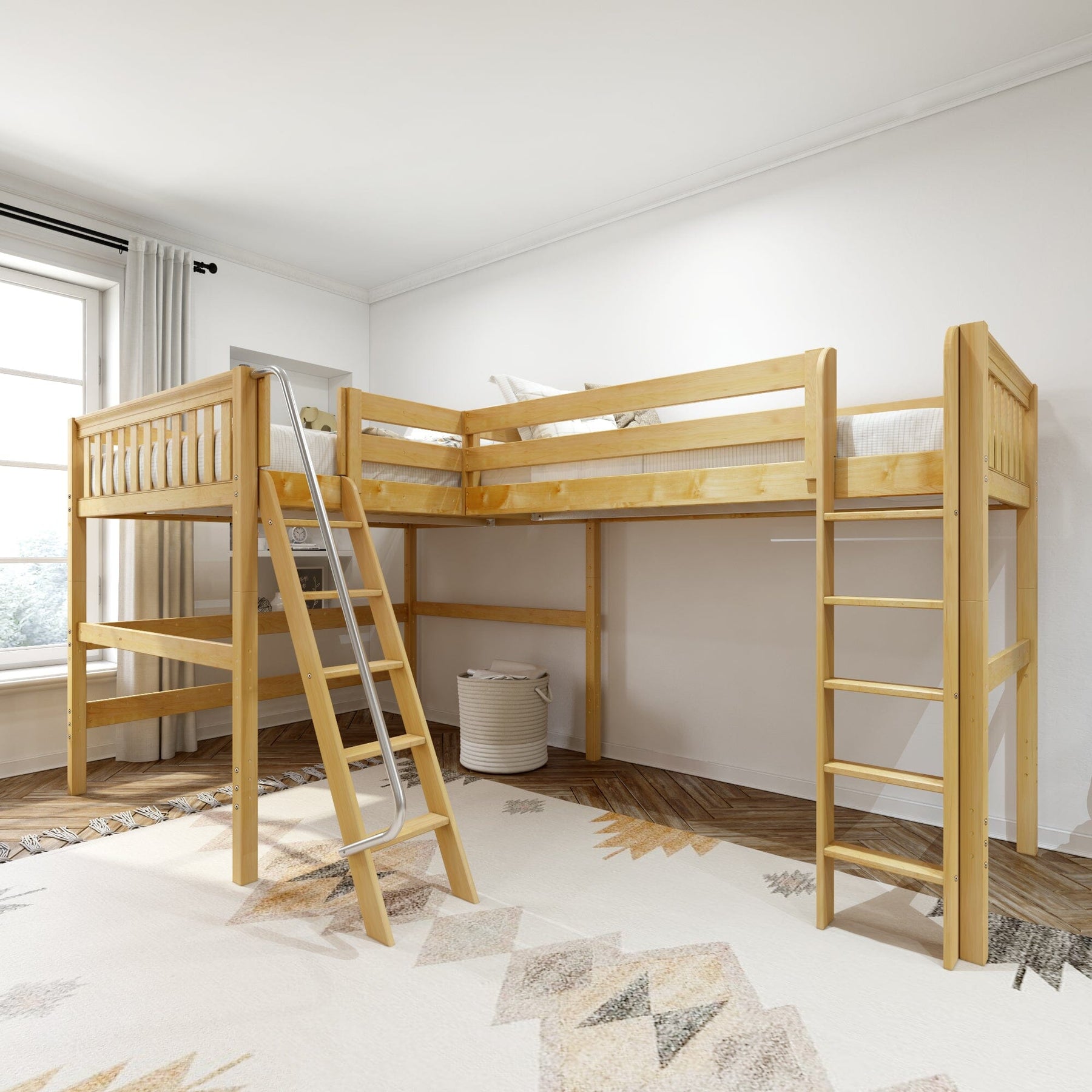 Maxtrix Queen + Twin XL High Corner Loft Bed – Natural Left Angled Ladder + Right Straight Ladder on Front Maxtrix Queen + Twin XL High Corner Loft Bed – Natural Left Angled Ladder + Right Straight Ladder on Front