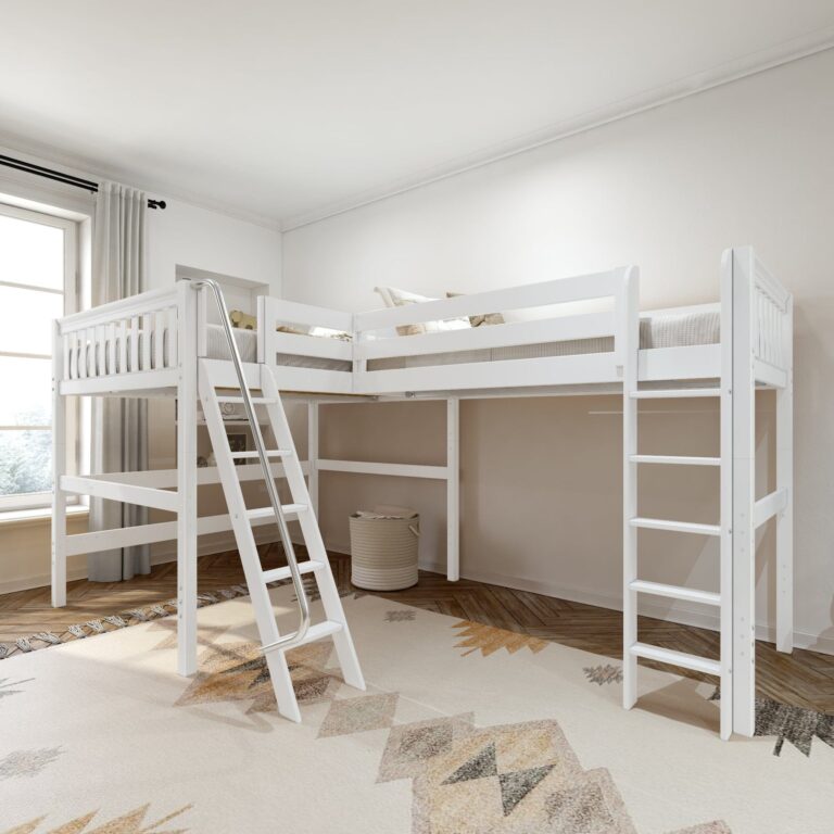 Maxtrix Queen + Twin XL High Corner Loft Bed – White Left Angled Ladder + Right Straight Ladder on Front Maxtrix Queen + Twin XL High Corner Loft Bed – White Left Angled Ladder + Right Straight Ladder on Front