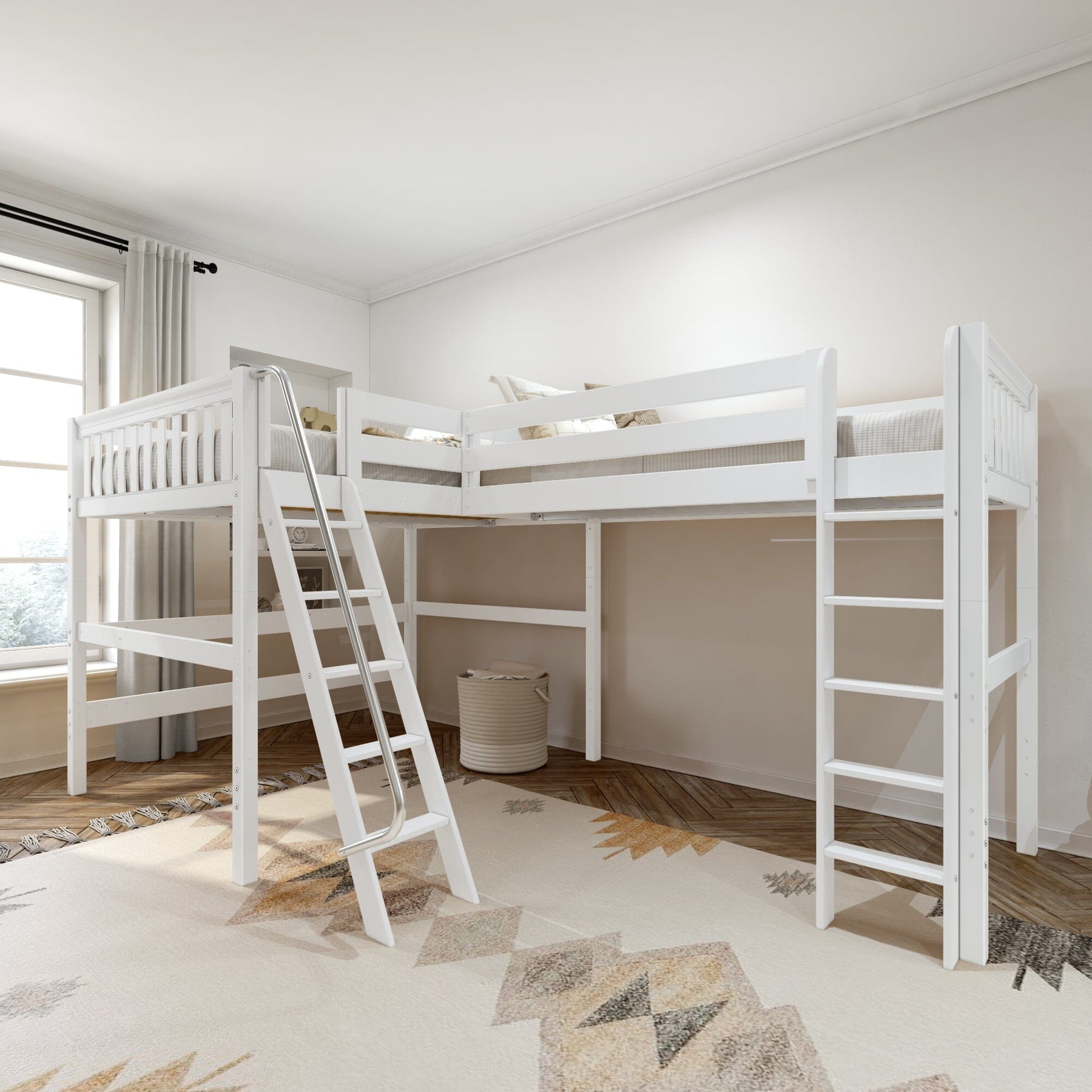 Maxtrix Queen + Twin XL High Corner Loft Bed – White Left Angled Ladder + Right Straight Ladder on Front Maxtrix Queen + Twin XL High Corner Loft Bed – White Left Angled Ladder + Right Straight Ladder on Front