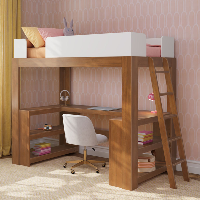 Max and Lily Mid-Century Modern Twin Loft Bed With Wraparound Desk