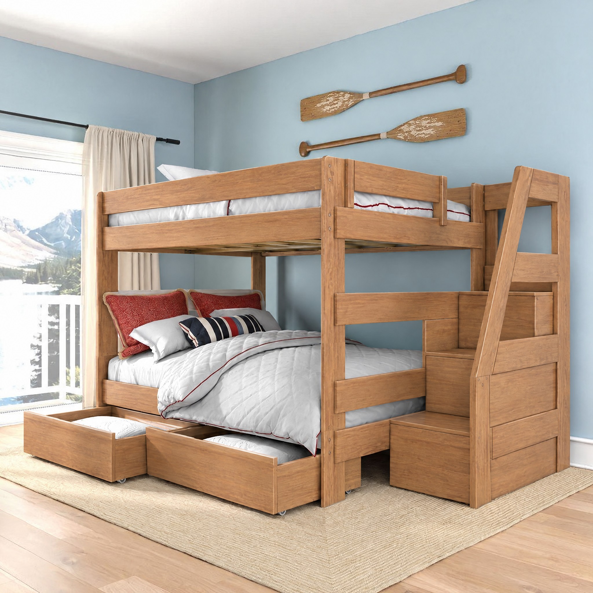 Tahoe Queen over Queen Bunk Bed with Stairs & Storage in Pecan