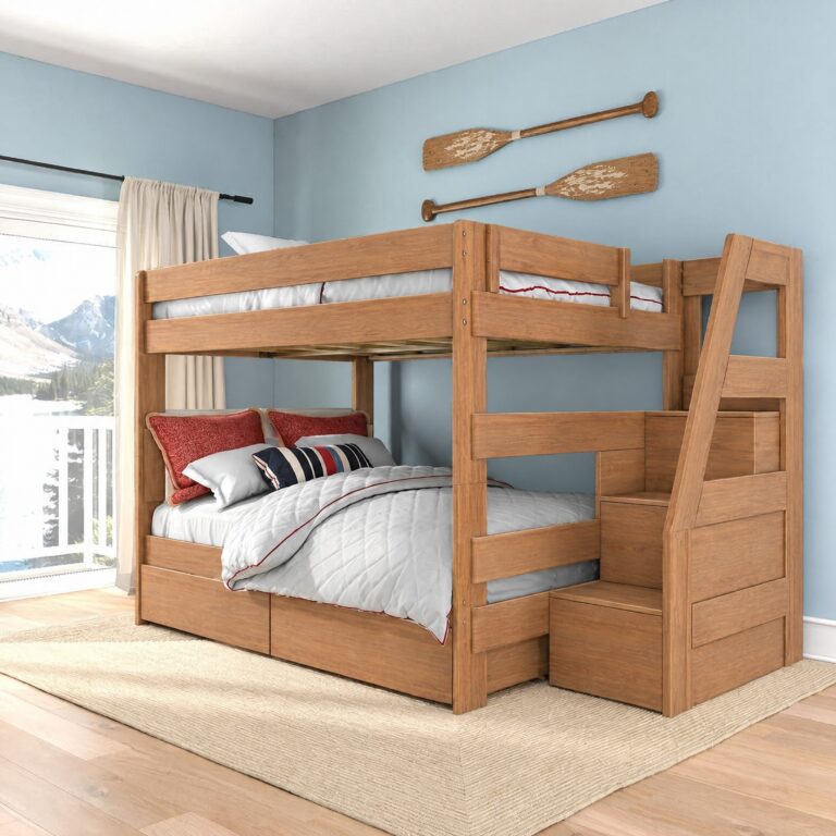Tahoe Queen over Queen Bunk Bed with Stairs & Storage in Pecan
