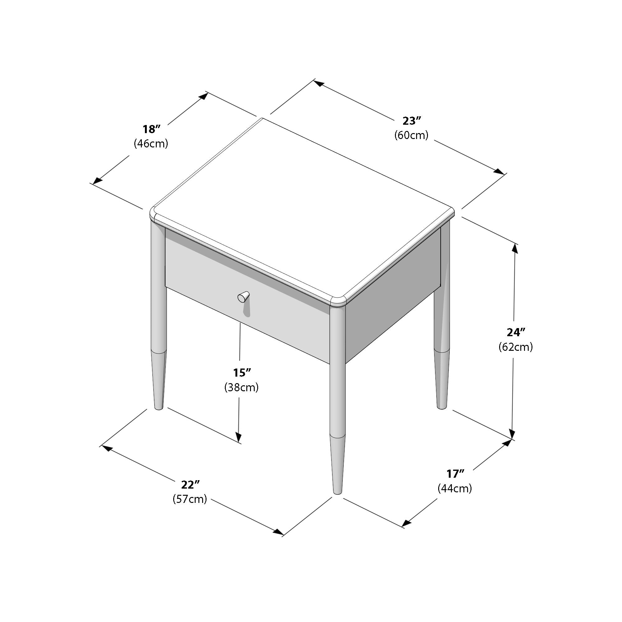 Max and Lily Hudson 1 Drawer Nightstand - dimensions diagram.