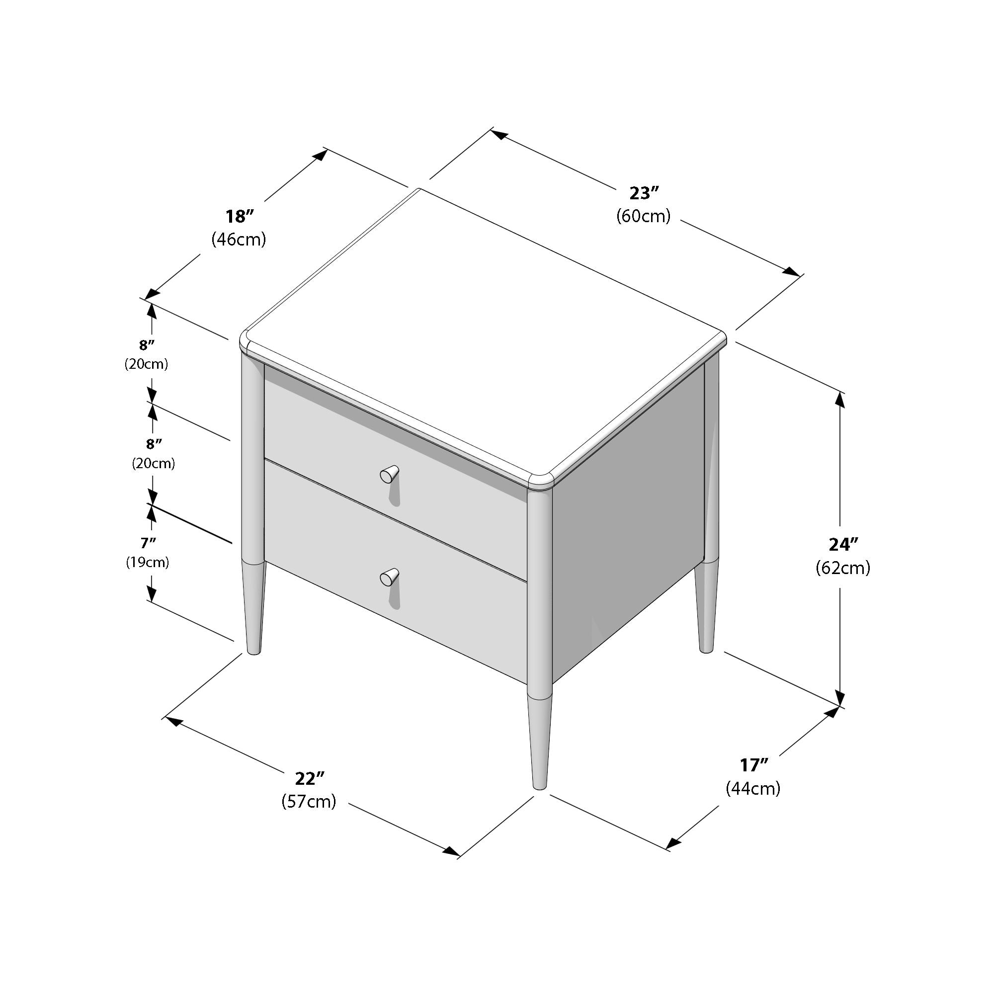 Max and Lily Hudson 2 Drawer Nightstand - dimensions diagram.