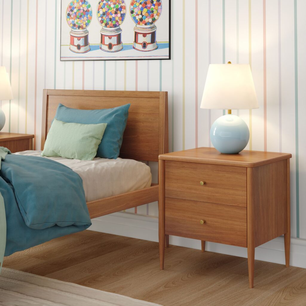 Max and Lily Hudson 2 Drawer Nightstand in Pecan - room scene.