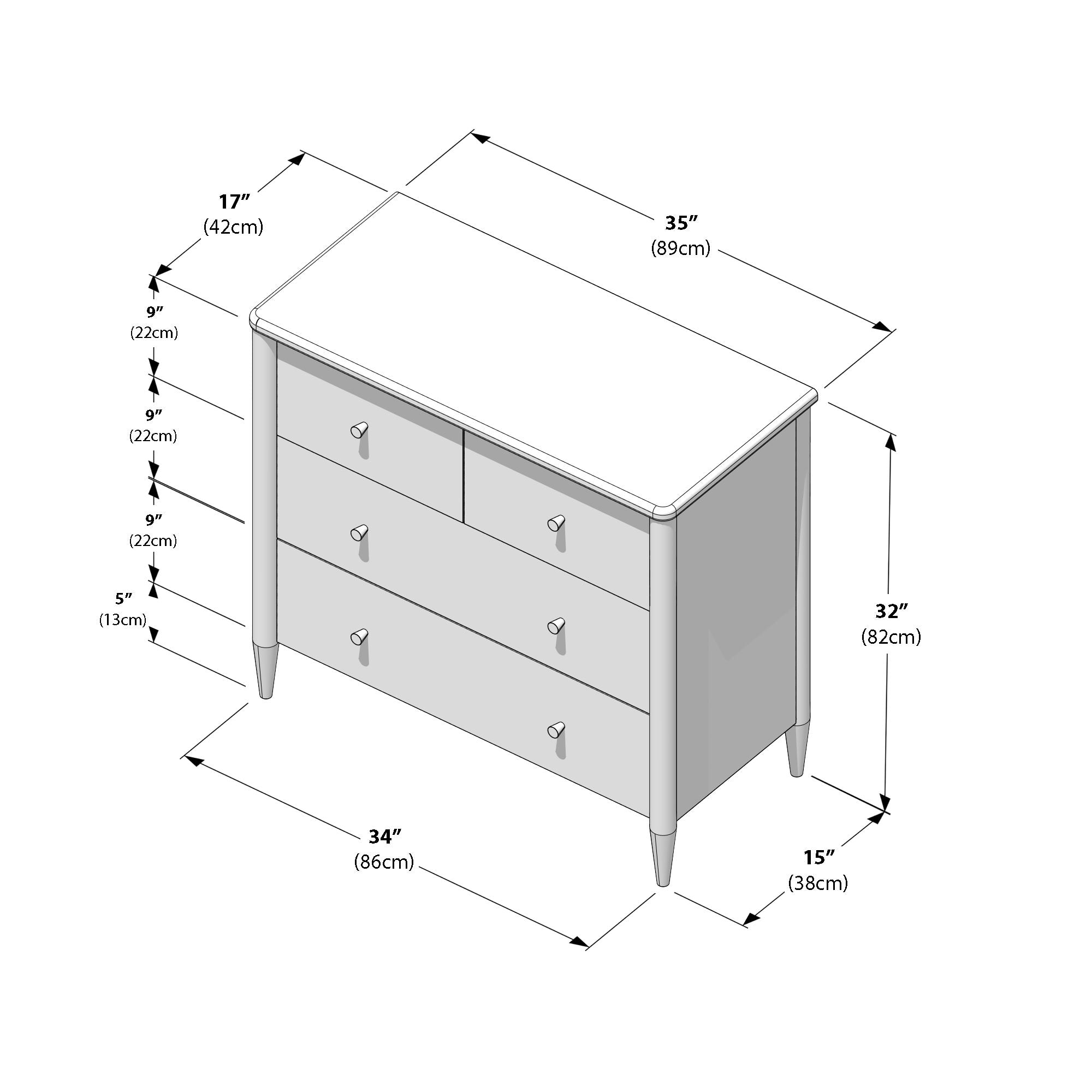 Max and Lily Hudson 3 Drawer Dresser - dimensions diagram.