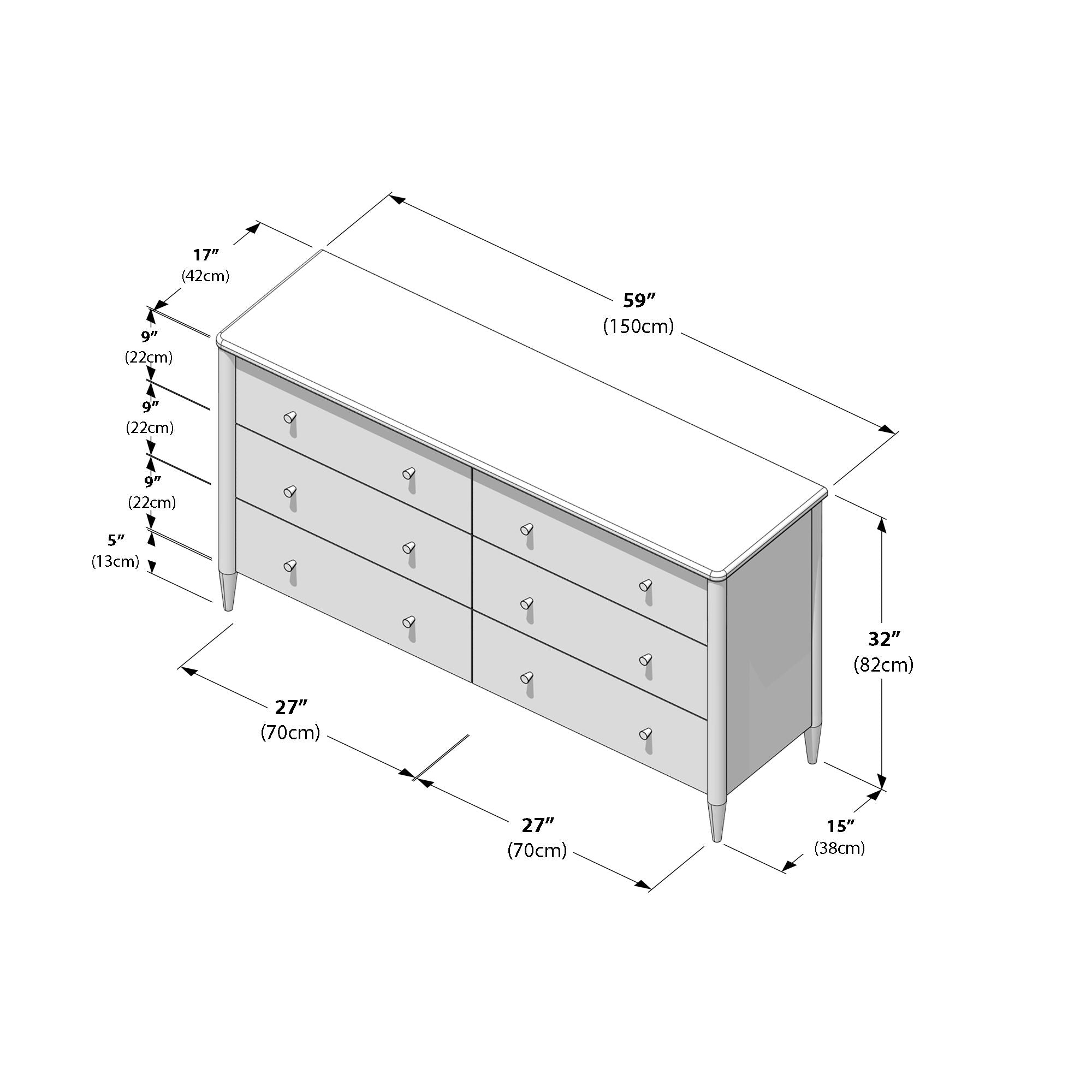 Max and Lily Hudson 6 Drawer Dresser - dimensions diagram.