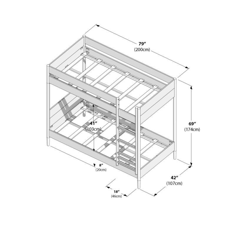 Max and Lily Hudson Twin Over Twin Bunk Bed in Pecan - dimensions diagram.