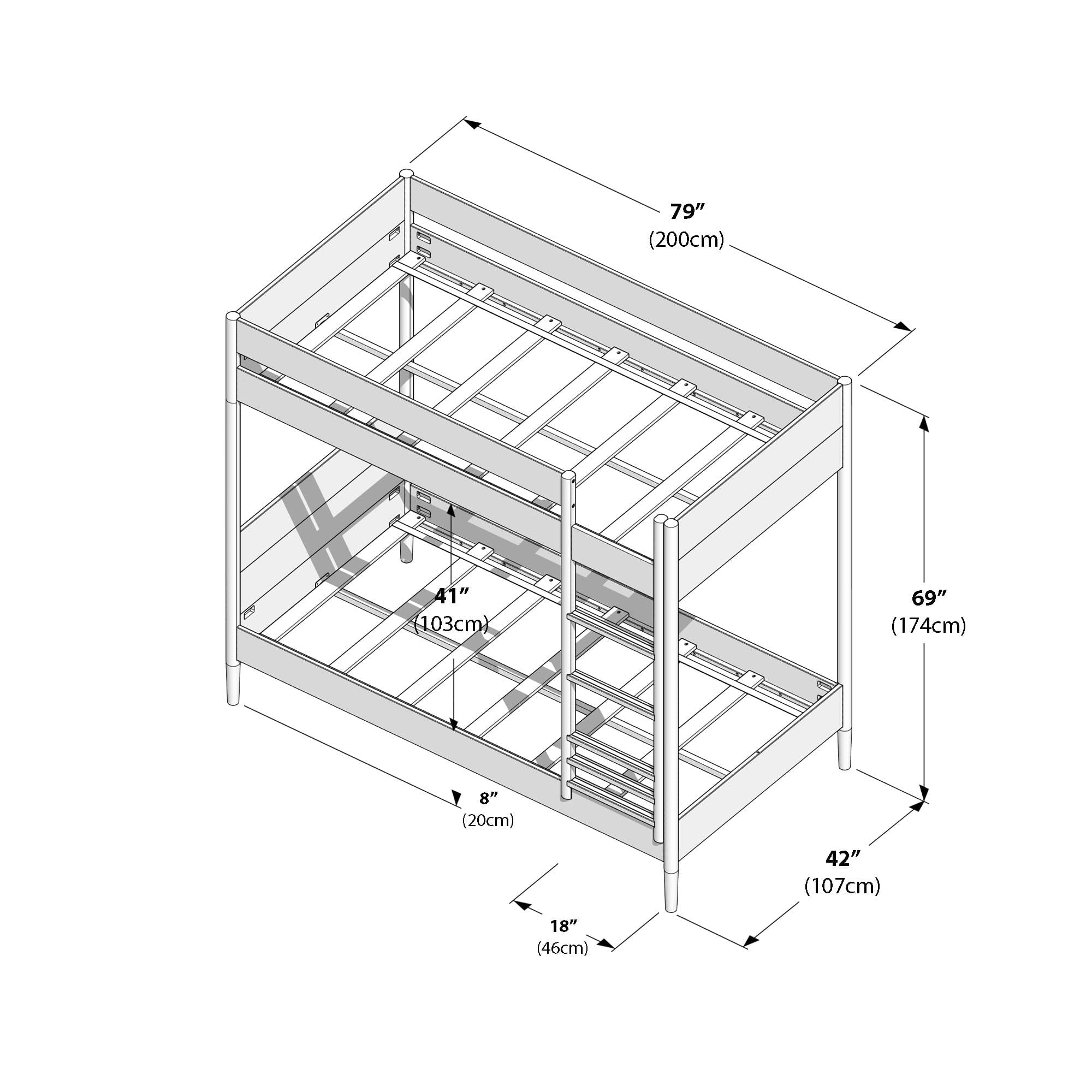 Max and Lily Hudson Twin Over Twin Bunk Bed in Pecan - dimensions diagram.