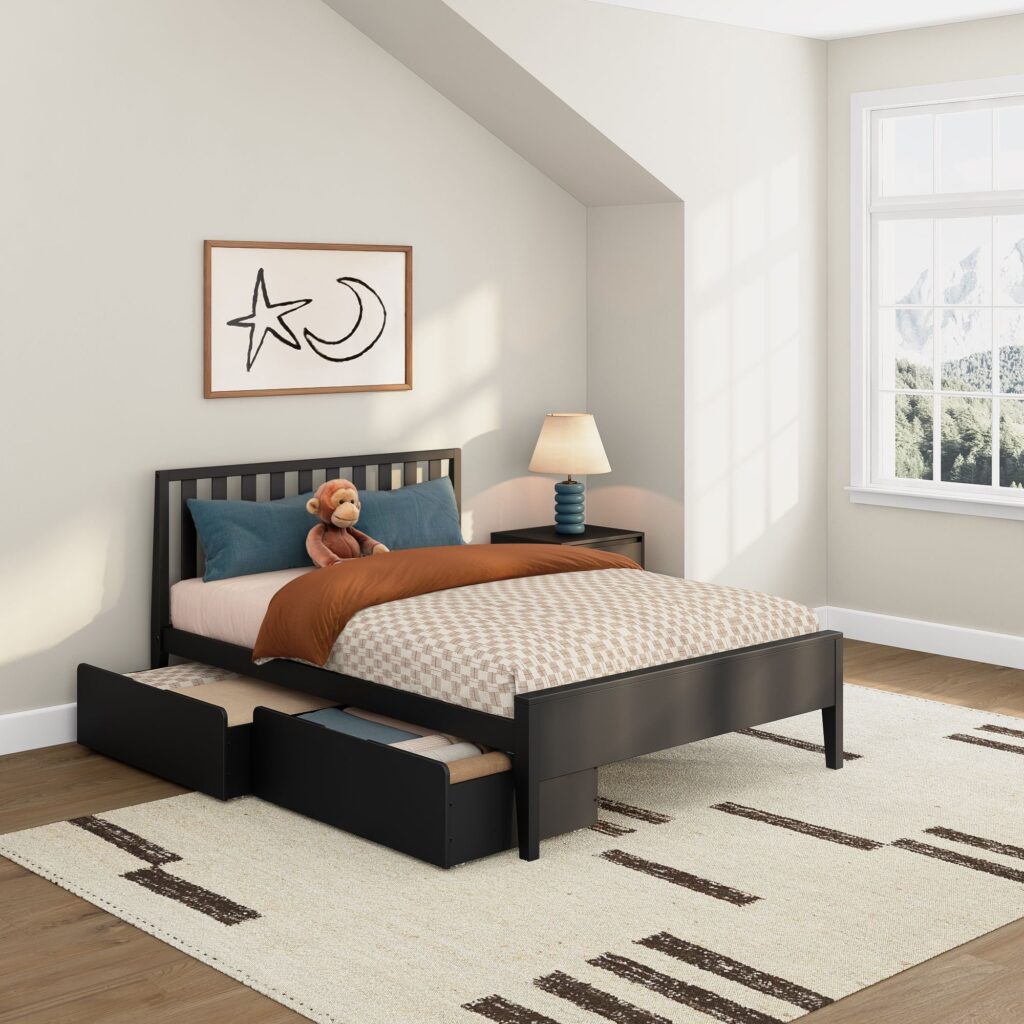 Max and Lily Scandinavian Full Bed With Underbed Storage Drawers in Black - room scene.
