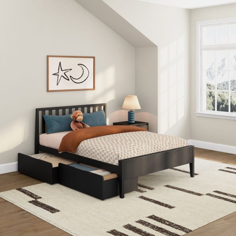 Max and Lily Scandinavian Full Bed With Underbed Storage Drawers Black Room Scene Max and Lily Scandinavian Full Bed With Underbed Storage Drawers in Black - room scene.