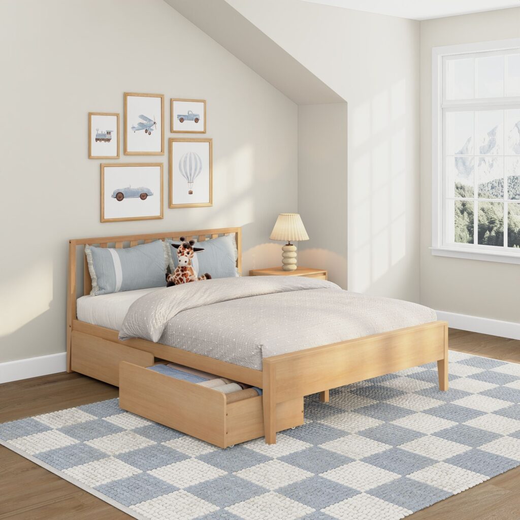 Max and Lily Scandinavian Queen Bed With Underbed Storage Drawers in Blonde - room scene.