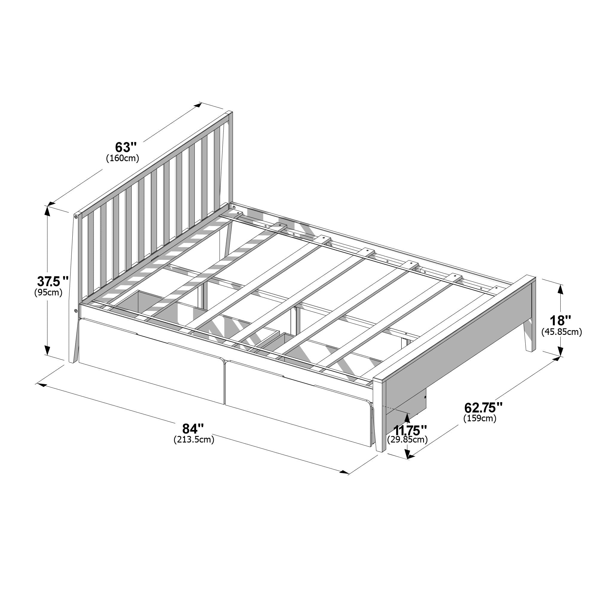 Max and Lily Scandinavian Queen Bed With Underbed Storage Drawers - dimensions diagram.