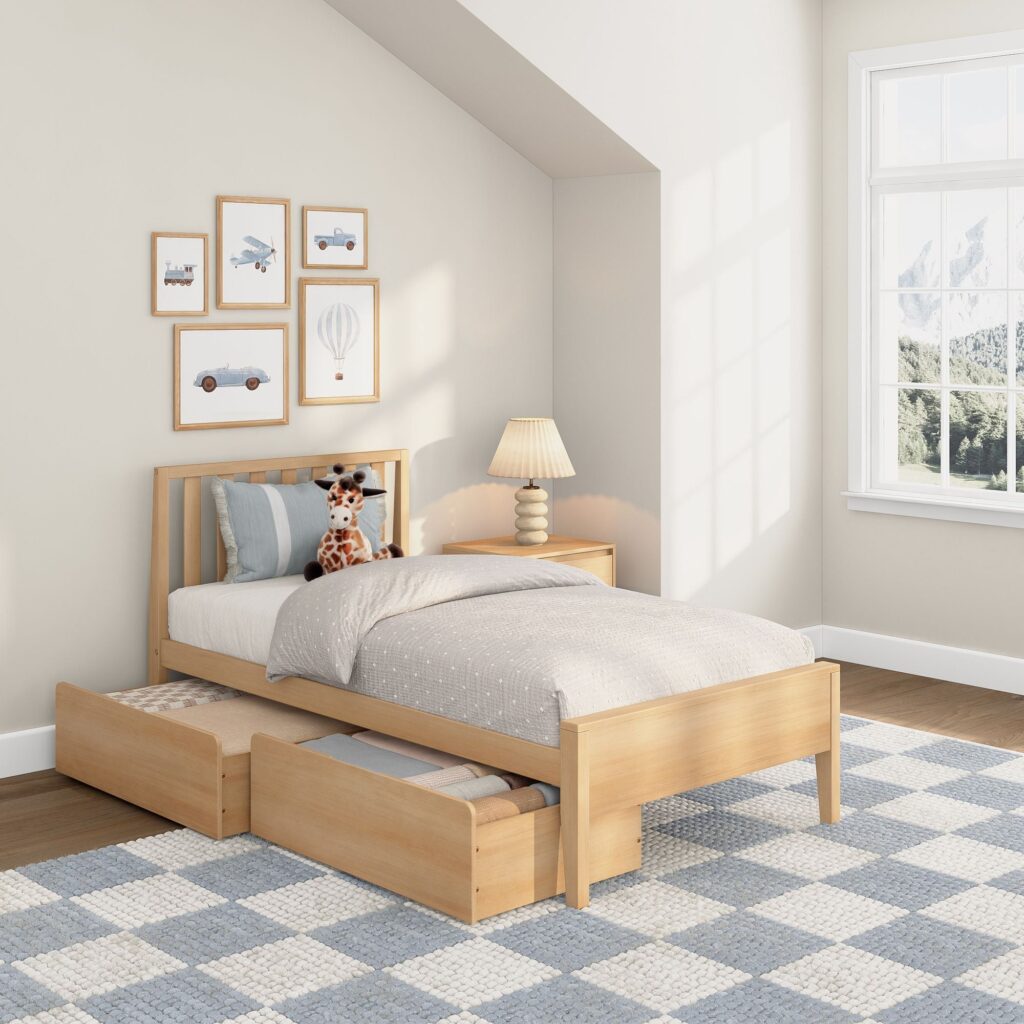 Max and Lily Scandinavian Twin Bed With Underbed Storage Drawers in Blonde - room scene.