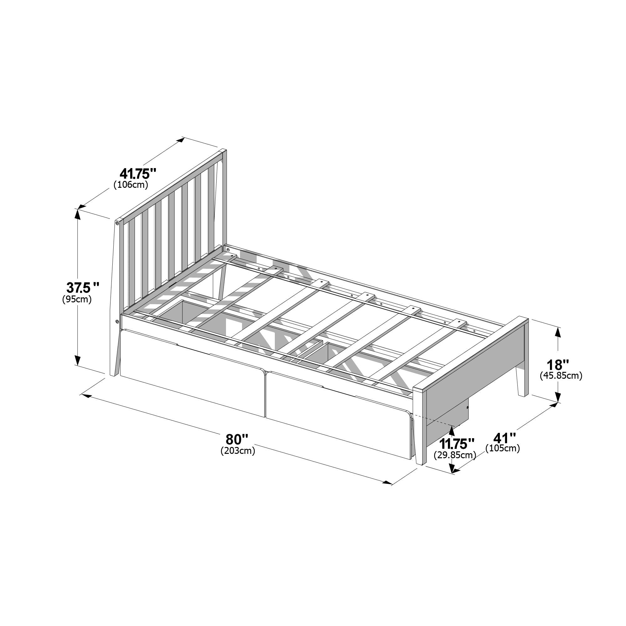 Max and Lily Scandinavian Twin Bed With Underbed Storage Drawers - dimensions diagram.