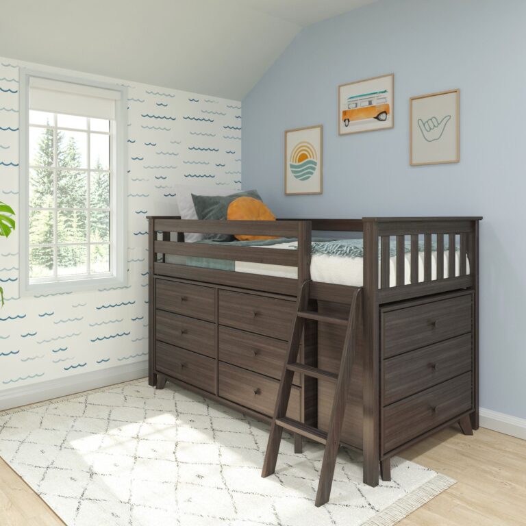 Max And Lily Twin Low Loft Bed in Clay, 2 dressers configuration - room scene.